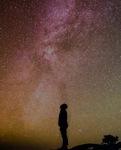 Starry night-purple sky with a silhouette of a person looking up