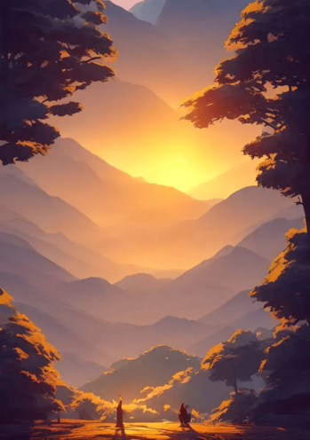 Landscape look-out between trees of a sunrise peaking over mountains