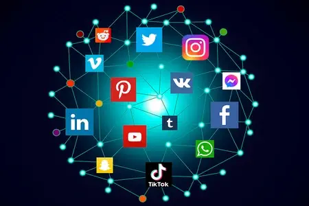 a web with points of popular social media website logos